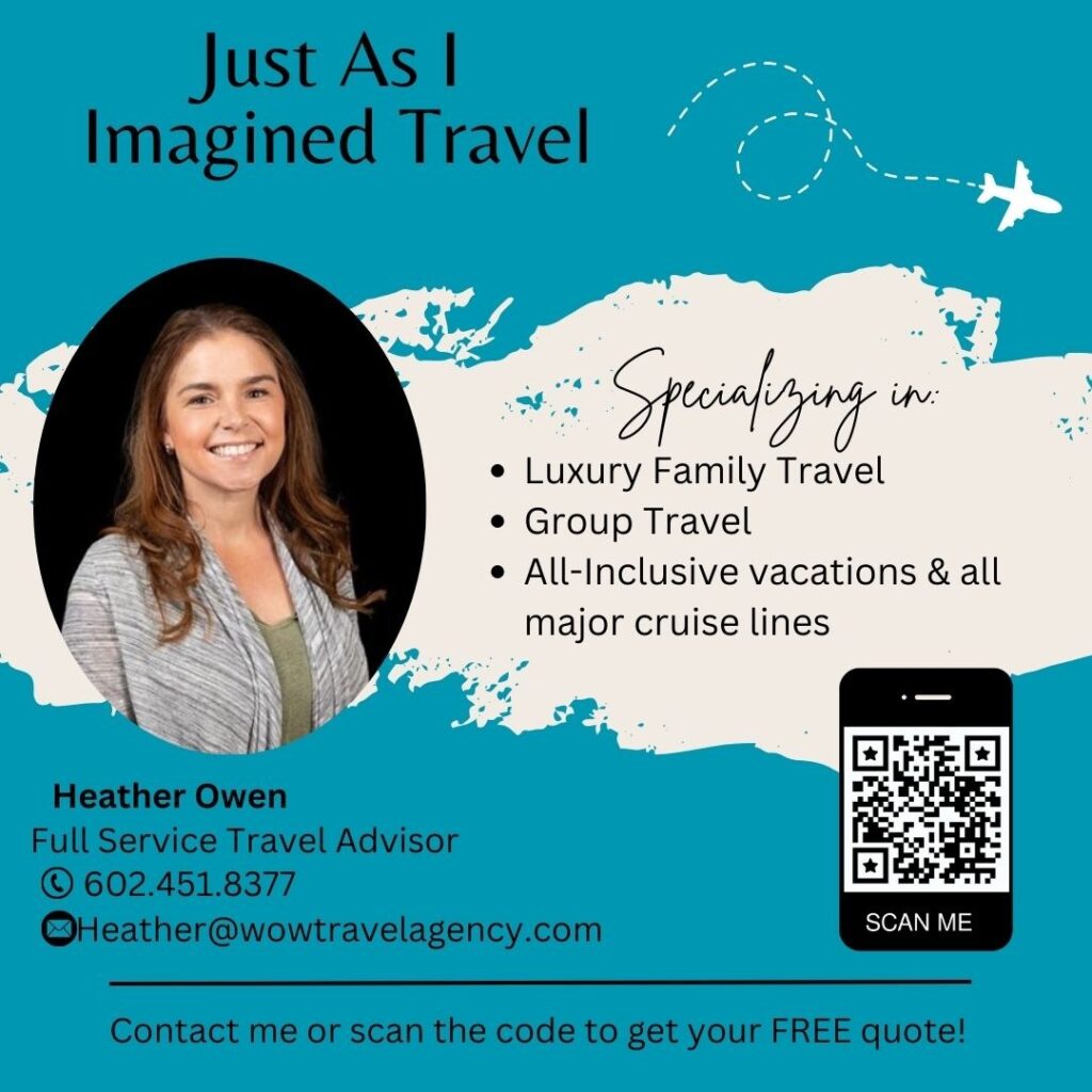 Travel agency promotional graphic for Just As I Imagined Travel featuring contact details, QR code, and services offered like luxury family travel and group trips.