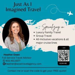 Travel agency promotional graphic for Just As I Imagined Travel featuring contact details, QR code, and services offered like luxury family travel and group trips.