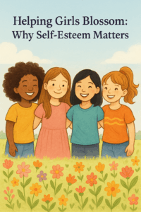 Illustration of four children standing in a flower field under the title Helping Girls Blossom: Why Self-Esteem Matters.