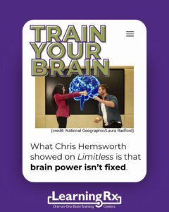 Graphic showing two people interacting beside an illustrated brain, with bold text reading “Train Your Brain,” used in a modern brain journal–style educational design.