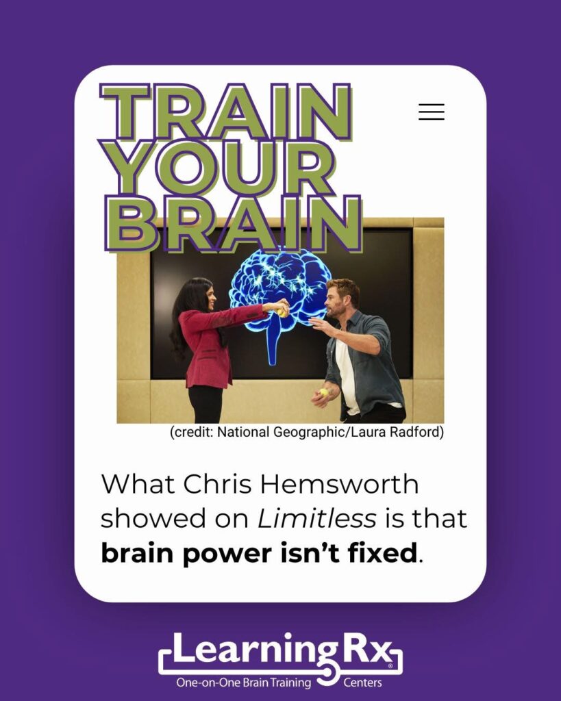 Graphic showing two people interacting beside an illustrated brain, with bold text reading “Train Your Brain,” used in a modern brain journal–style educational design.