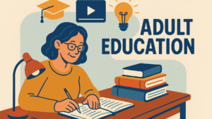 Adult education concept illustration showing a person writing at a desk with books, a lamp, and icons for learning resources.