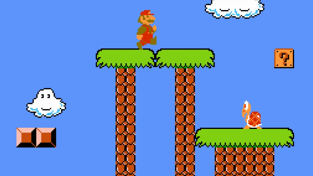 Leveling Up Learning Through Play: Mario character jumping across platforms in a colorful retro video game environment.